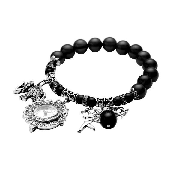 NIB Black Agate, Austrian Crystal Bracelet Watch with Elephant and Angel 7-7.5\